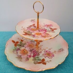 Vtg. 1940 - 50's 2 Tiered Serving Dessert Tray Wild Rose Stamped